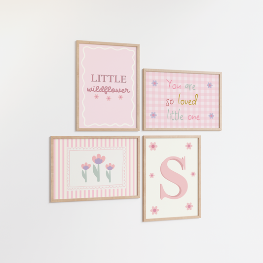 Pink Nursery Wall Art Set, Baby Girl Prints, Little Wildflower Decor, whimiscal Nursery Art Set of 4