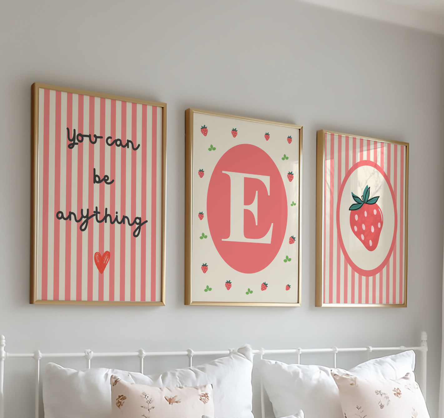 girls strawberry themed personalised name wall print set for bedroom or nursery