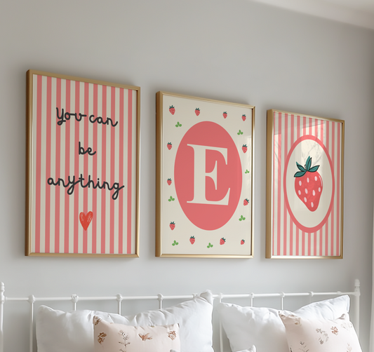 girls strawberry themed personalised name wall print set for bedroom or nursery