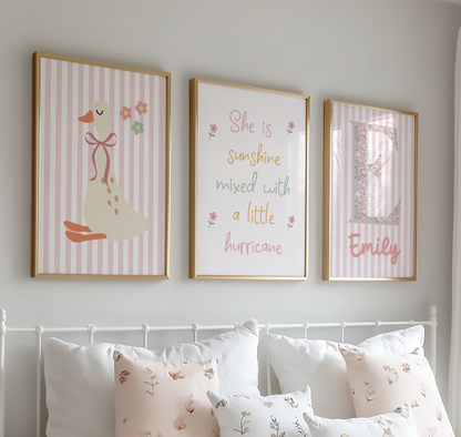 Pink Girls Room Print Set | Goose Nursery Wall Art | Personalised Name Print | Pastel Bedroom Decor | Cute Wall Print Trio