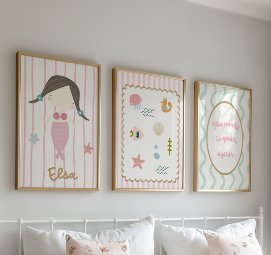 ocean mermaid and shells themed prints for girls nursery, bedroom or playroom