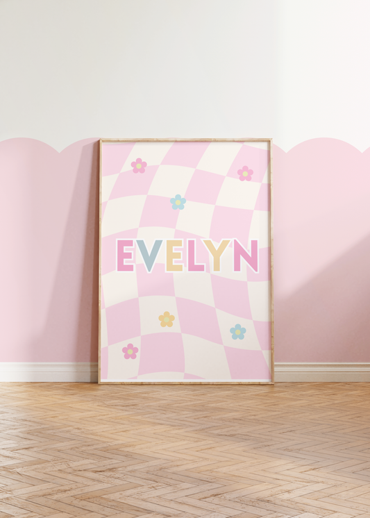 Checkerboard pink Name Print, Personalised girls Prints, Girls Bedroom Prints, Teen Girls, Daisy Print, Retro Wall Art
