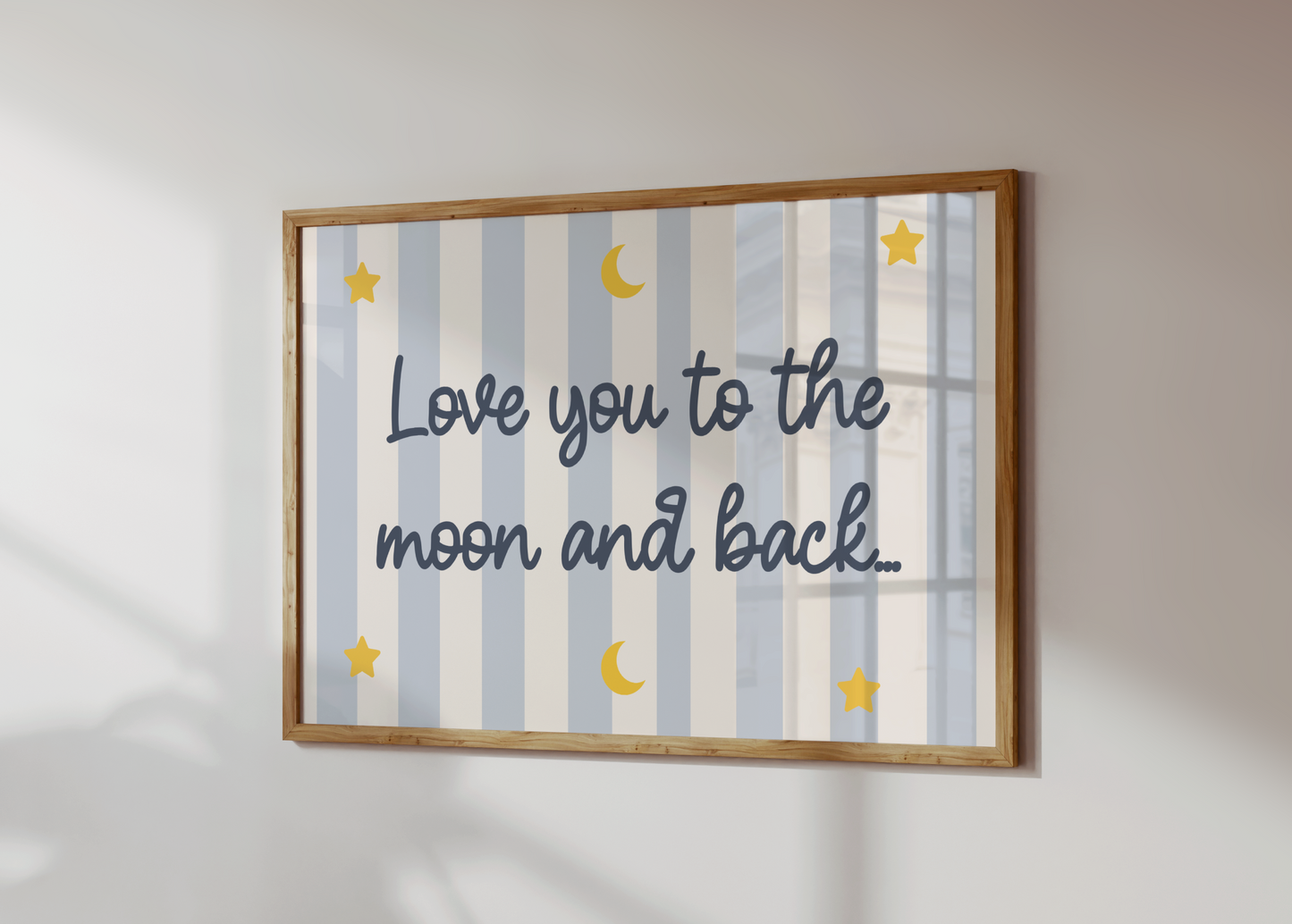 Love You To The Moon And Back Print, Star Moon Kids Bedroom Poster, Blue Stripe Nursery Wall Art, Baby Boy Room Decor, Toddler Gift