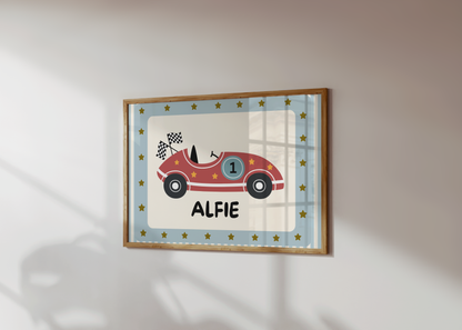 Boys personalised racing car print for bedroom or nursery