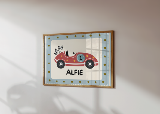 Boys personalised racing car print for bedroom or nursery