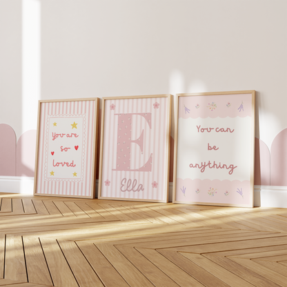 Girls personalised  pink you are so loved affirmation Wall Art Prints, Girls Nursery Decor, Set of 3 (Copy)