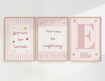 Girls personalised  pink you are so loved affirmation Wall Art Prints, Girls Nursery Decor, Set of 3 (Copy)