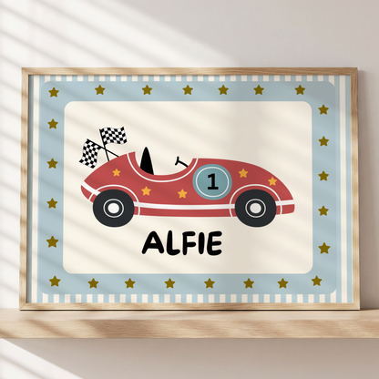 Boys personalised racing car print for bedroom or nursery