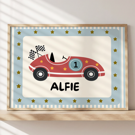 Boys personalised racing car print for bedroom or nursery