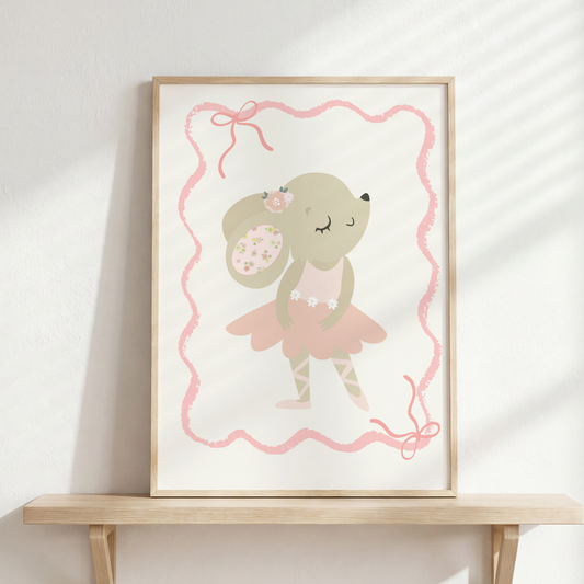 bunny ballerina print, dance wall art, girls nursery, childrens room, pink wall decor, baby girl wall print