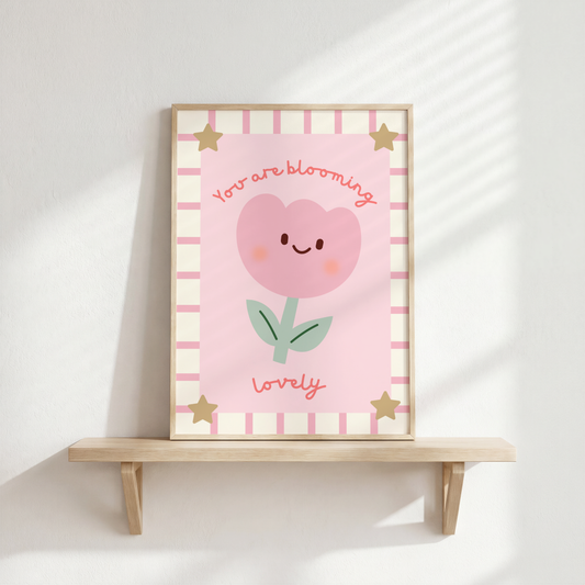 girls floral pink tulip print "you are blooming lovely" wall art for nursery or bedroom