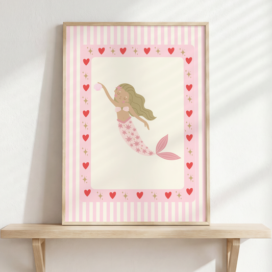 girls pink mermaid heart border print for bedroom or nursery