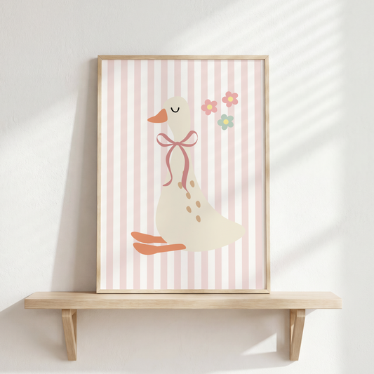 Cute Goose Print for Girls Room | Pink Striped Nursery Decor | Sweet Baby Wall Art | Soft Boho Bedroom Print | Scandinavian Style Poster