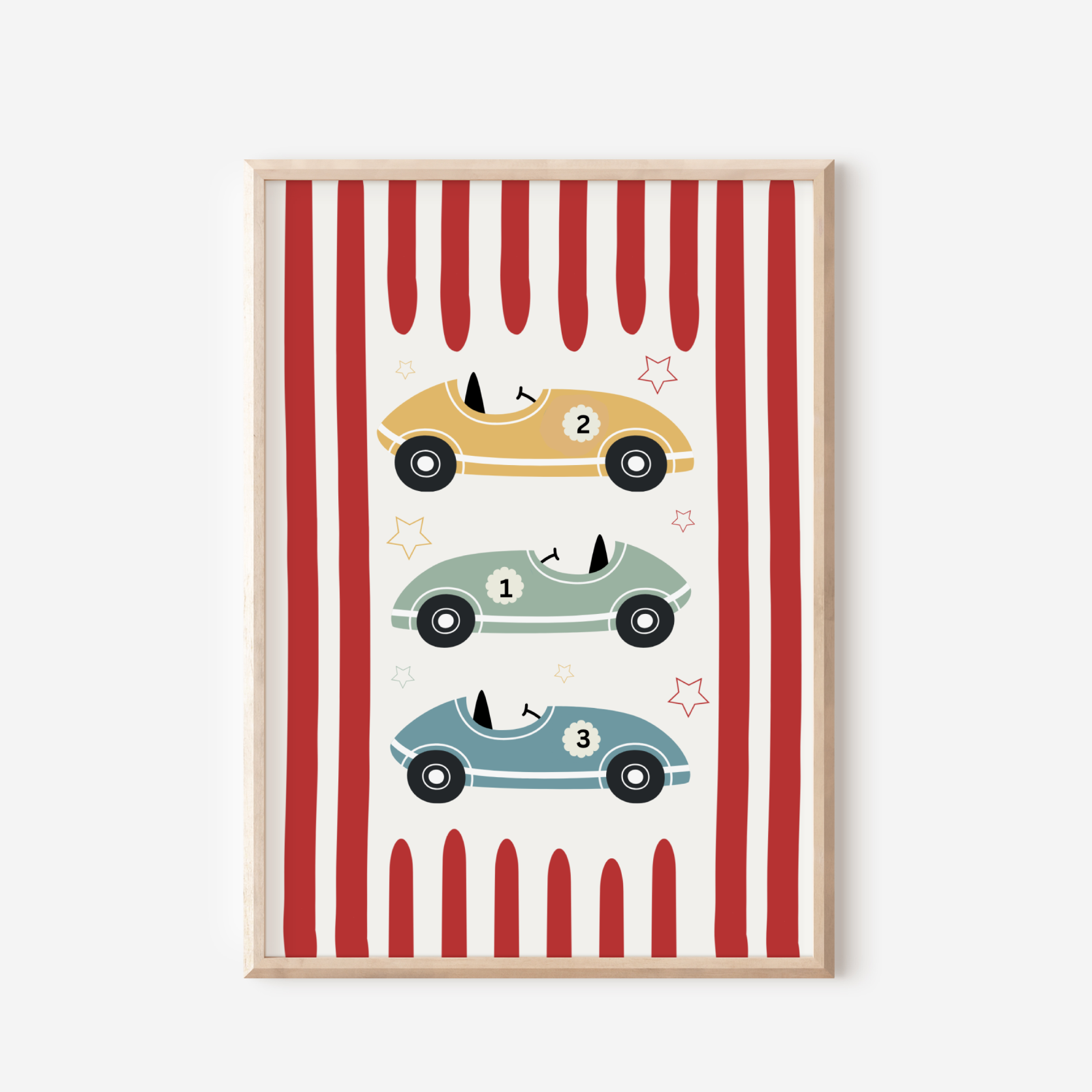 artwork with red and white striped background and colorful cars.