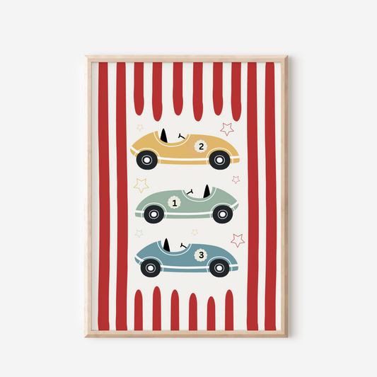 artwork with red and white striped background and colorful cars.