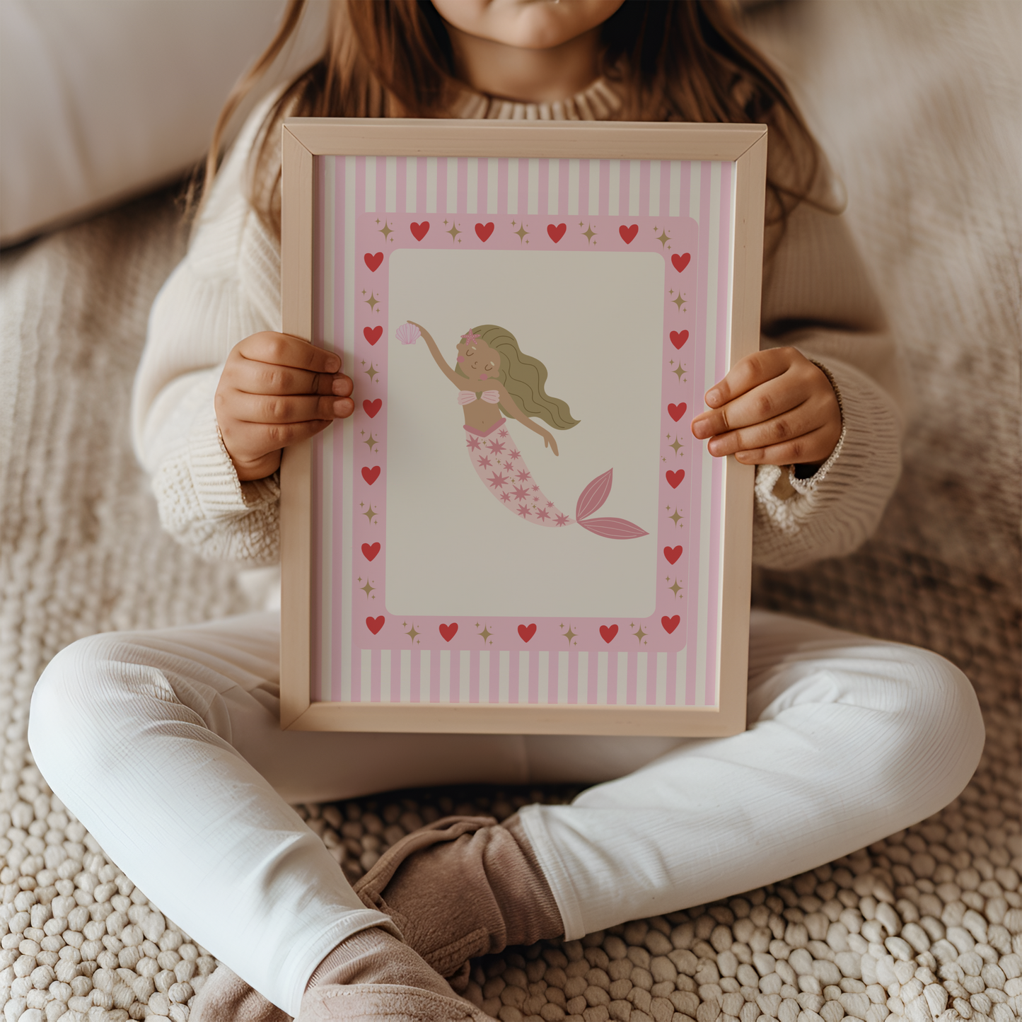 girls pink mermaid heart border print for bedroom or nursery