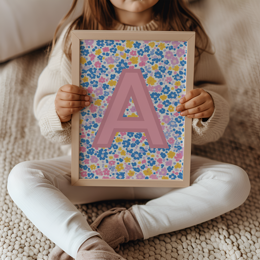 Girls ditys floral personalised initial print for bedroom, nursery or playroom