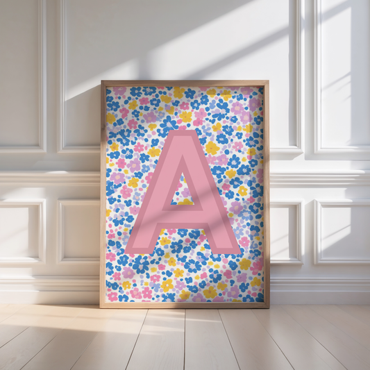 Girls ditys floral personalised initial print for bedroom, nursery or playroom