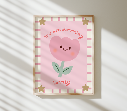 girls floral pink tulip print "you are blooming lovely" wall art for nursery or bedroom