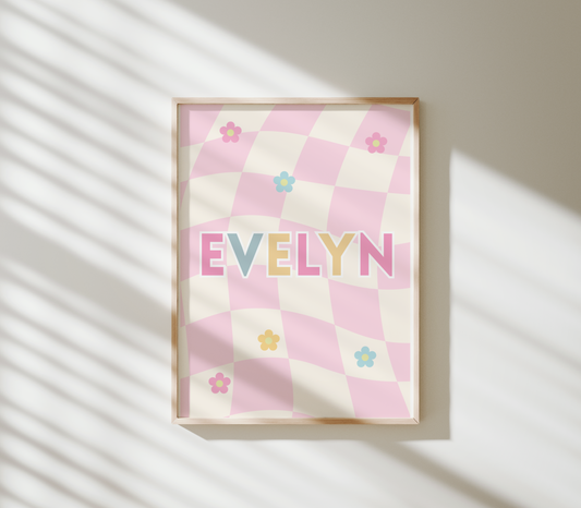 checkerboard pink art print personalised girls retro bedroom decor 