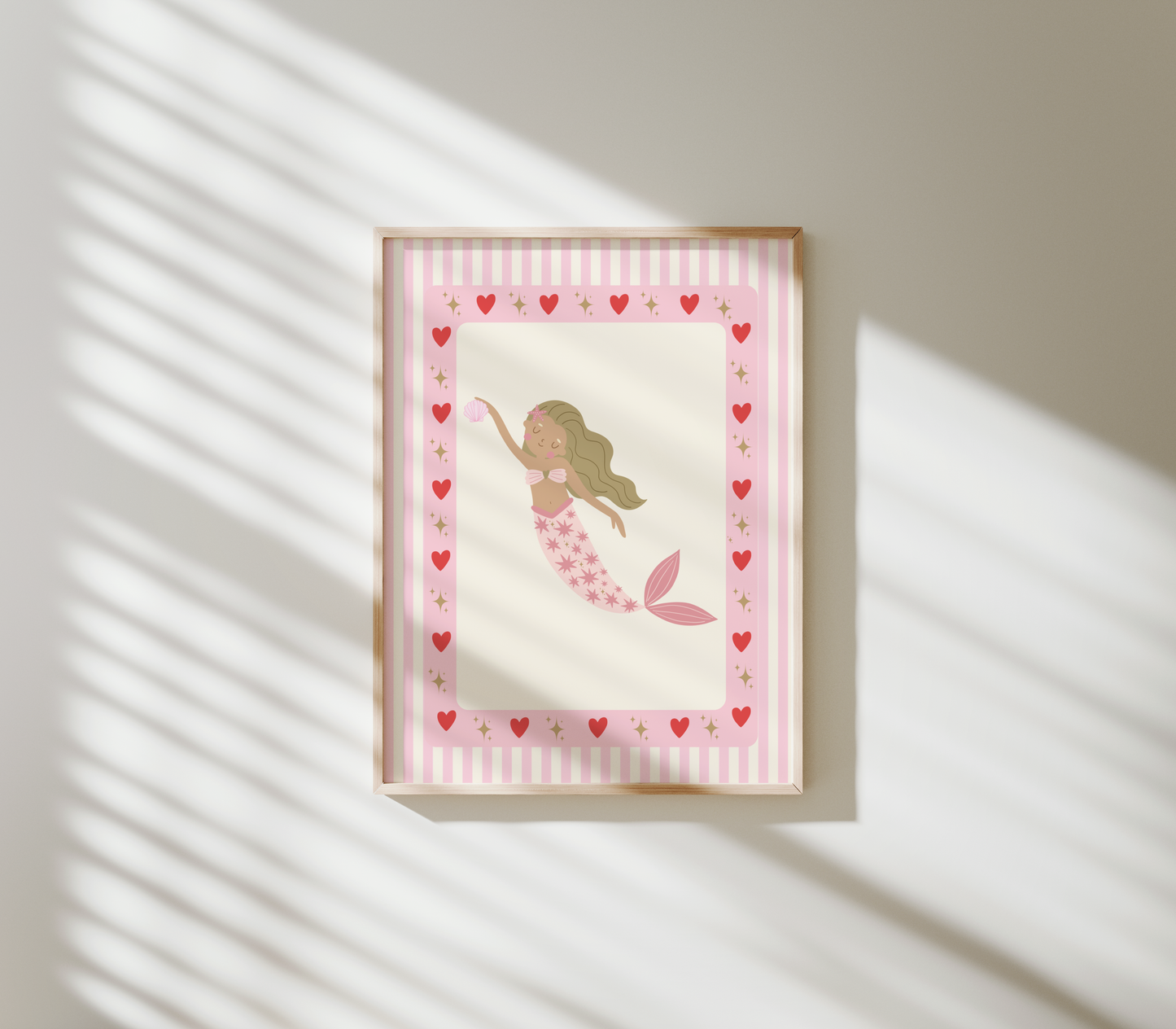 girls pink mermaid heart border print for bedroom or nursery
