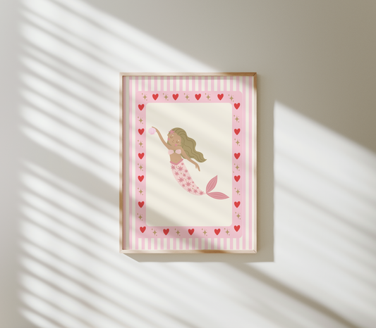 girls pink mermaid heart border print for bedroom or nursery