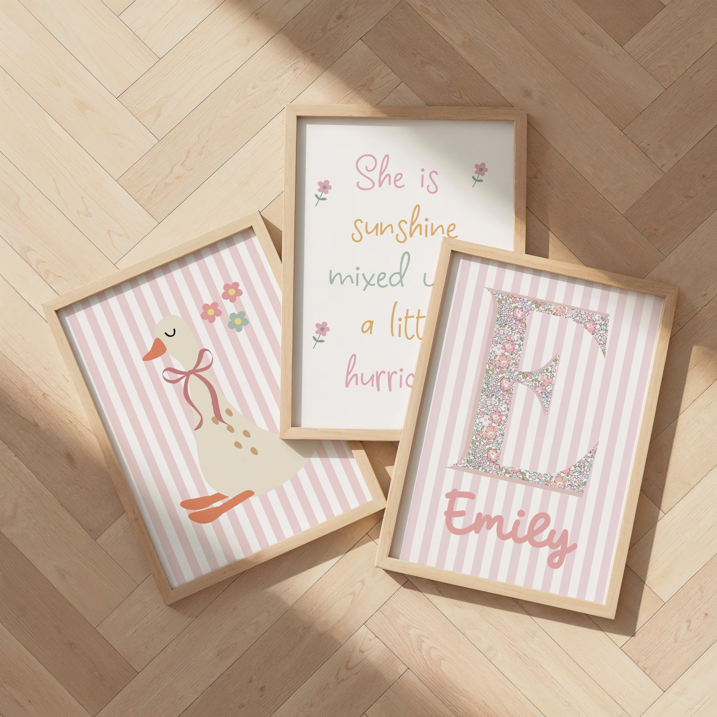 Pink Girls Room Print Set | Goose Nursery Wall Art | Personalised Name Print | Pastel Bedroom Decor | Cute Wall Print Trio