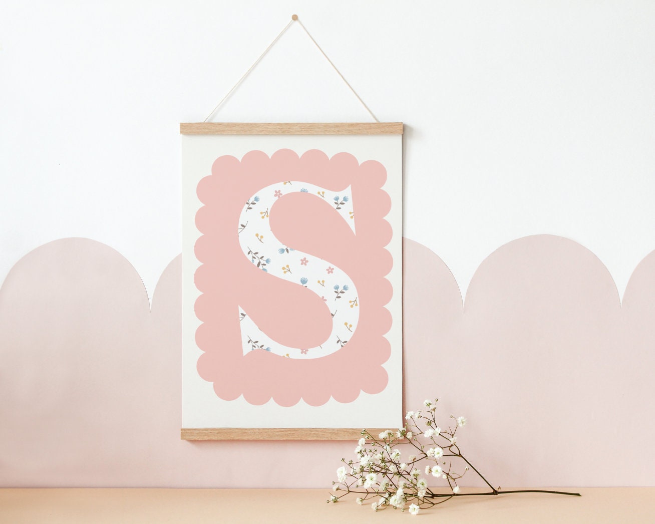 Floral Initial Name Print: Pink Nursery Decor