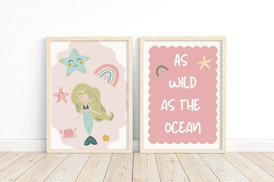 Mermaid Nursery Print Set, Pastel Rainbow, Kids Room Decor