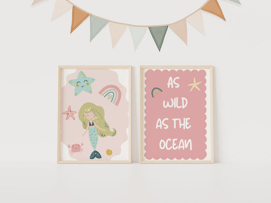 Mermaid Nursery Print Set, Pastel Rainbow, Kids Room Decor