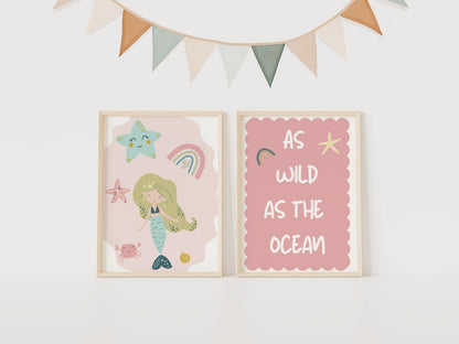 Mermaid Nursery Print Set, Pastel Rainbow, Kids Room Decor