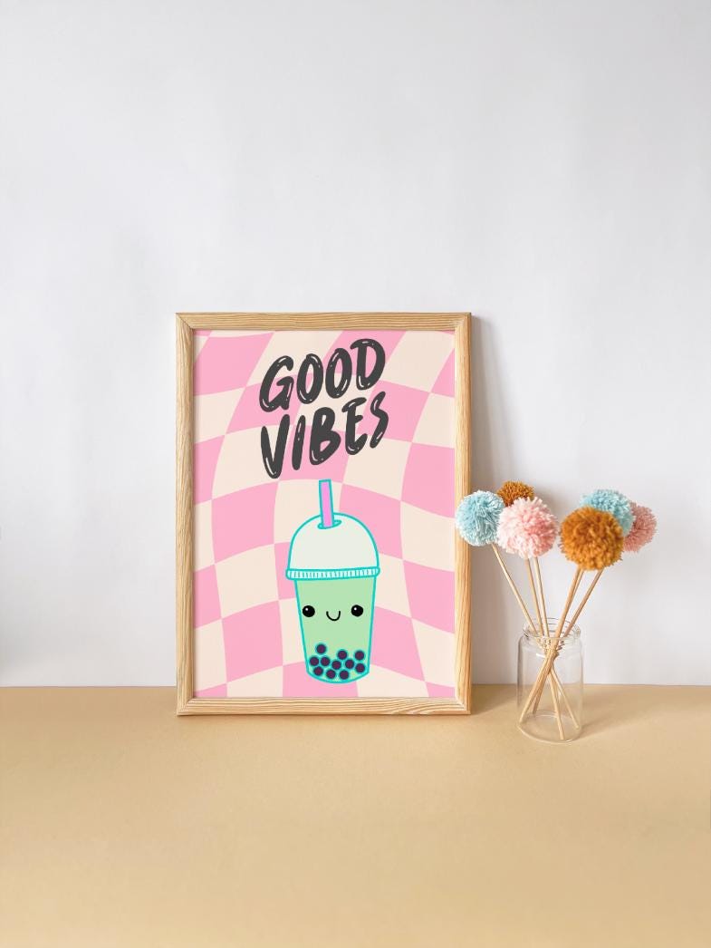 Good Vibes Boba Tea Print: Retro Teen Girl Room Decor