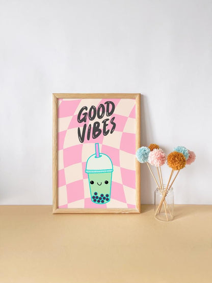 Good Vibes Boba Tea Print: Retro Teen Girl Room Decor