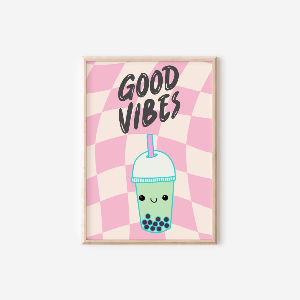 Good Vibes Boba Tea Print: Retro Teen Girl Room Decor