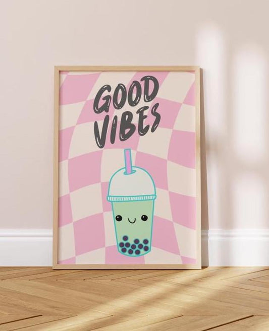 Good Vibes Boba Tea Print: Retro Teen Girl Room Decor