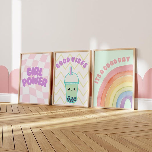 girls retro good vibes bubble tead checkered print set for bedroom, teen or tween room prints, childrens room print