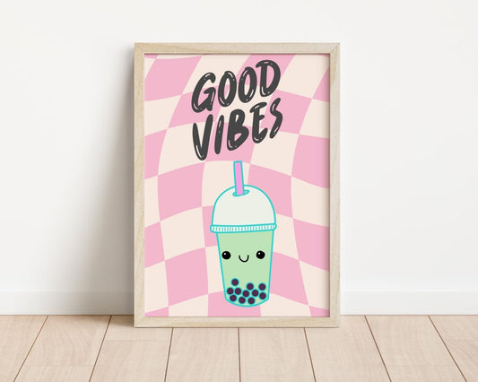 Good Vibes Boba Tea Print: Retro Teen Girl Room Decor