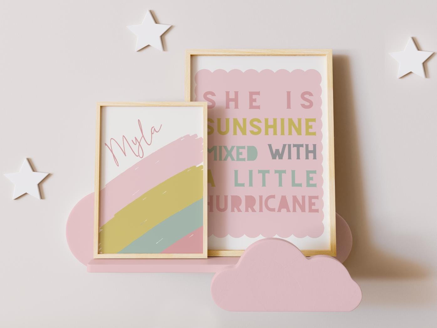 she is sunshine print, affirmation, personalised name, girls room decor, childrens nursery, pastel wall decor, set of 2 prints