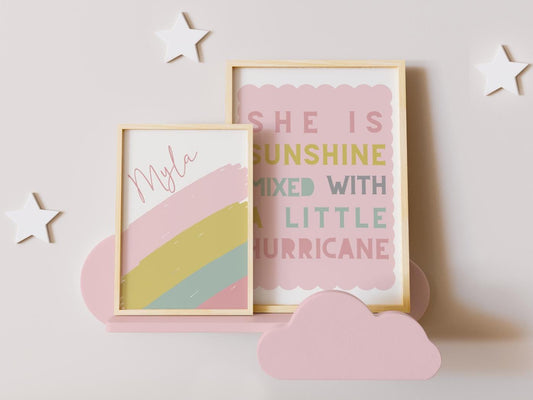 she is sunshine print, affirmation, personalised name, girls room decor, childrens nursery, pastel wall decor, set of 2 prints