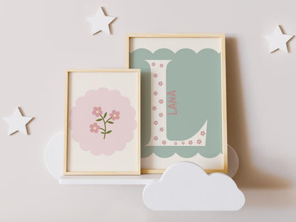 SET of prints girls room or nursery, initial flower print and personalised name, perfect for girls bedroom, playroom or nursery