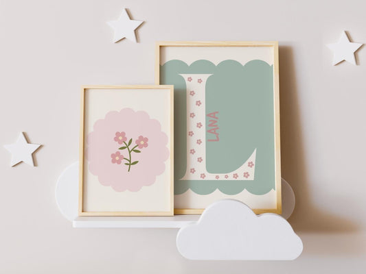 SET of prints girls room or nursery, initial flower print and personalised name, perfect for girls bedroom, playroom or nursery