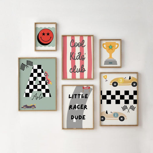 Set of gallery wall prints for a playroom nursery or bedroom, personalised car racer and cool kids quote posters ( prints only )