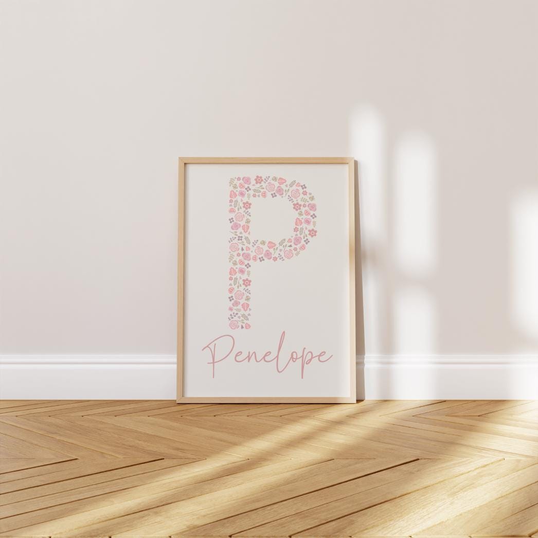 girls personalised floral initial name print for girls room print for bedroom, nursery or playroom, printed wall art for childrens bedroom