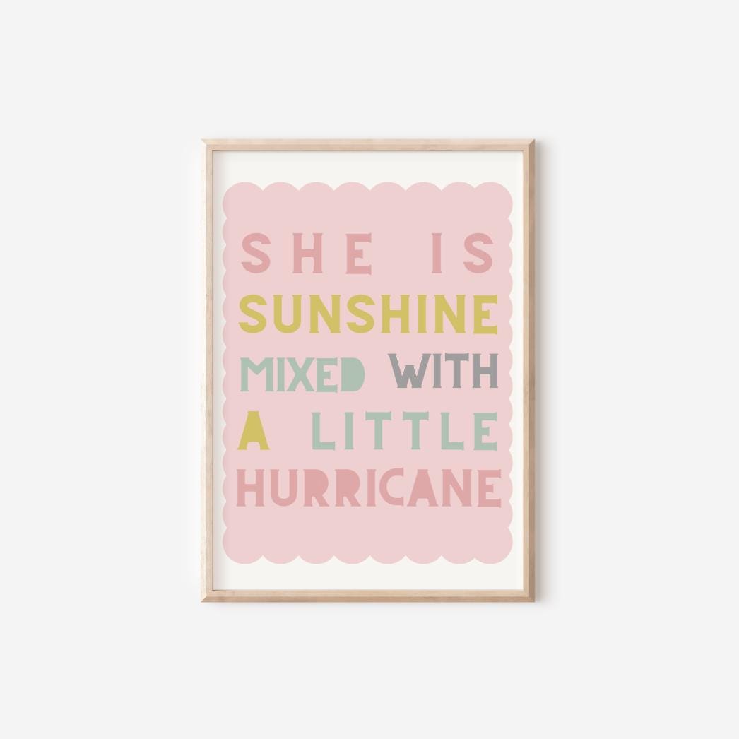 she is sunshine print, affirmation, personalised name, girls room decor, childrens nursery, pastel wall decor, set of 2 prints