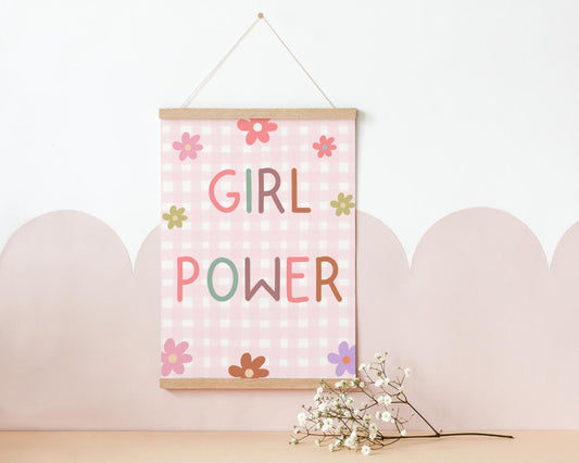 girl power room print pink gingham flowers, girls positive wall print for bedroom, playroom or nursery