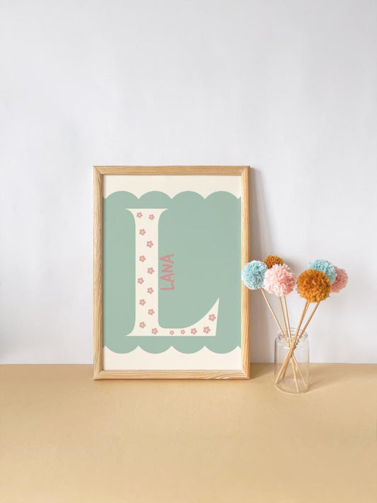 SET of prints girls room or nursery, initial flower print and personalised name, perfect for girls bedroom, playroom or nursery