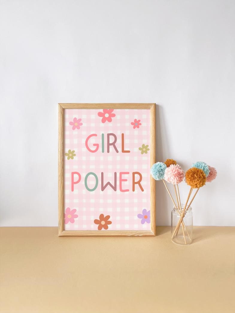 girl power room print pink gingham flowers, girls positive wall print for bedroom, playroom or nursery