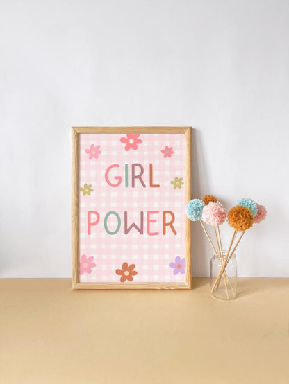 girl power room print pink gingham flowers, girls positive wall print for bedroom, playroom or nursery