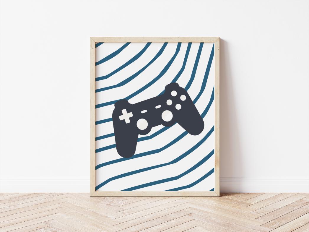 Boys gaming wall print set, blue reto decor childrens kids bedroom or playroom, just five more minutes quote