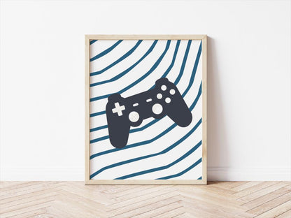Boys gaming wall print set, blue reto decor childrens kids bedroom or playroom, just five more minutes quote